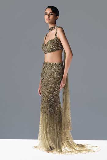 Shop_Rohit Gandhi + Rahul Khanna_Green Tulle Sweetheart Neck Evora Embroidered Fishcut Lehenga Set _Online_at_Aza_Fashions
