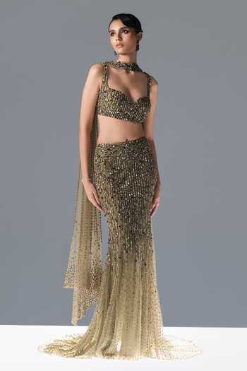 Rohit Gandhi + Rahul Khanna_Green Tulle Sweetheart Neck Evora Embroidered Fishcut Lehenga Set _at_Aza_Fashions