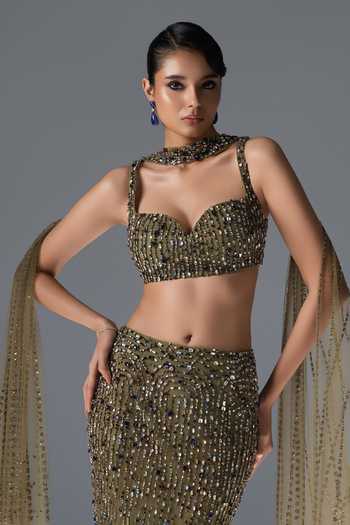 Shop_Rohit Gandhi + Rahul Khanna_Green Tulle Sweetheart Neck Evora Embroidered Fishcut Lehenga Set 