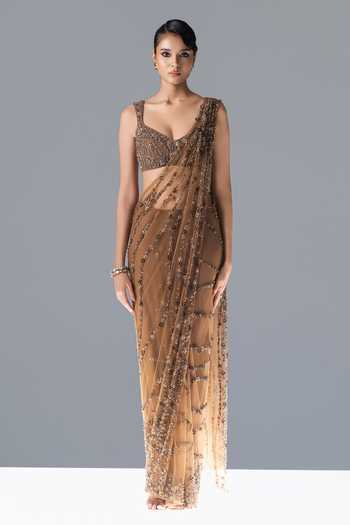 Rohit Gandhi + Rahul Khanna_Gold Tulle V-neck Mireya Pre-draped Embellished Saree With Blouse _Online_at_Aza_Fashions