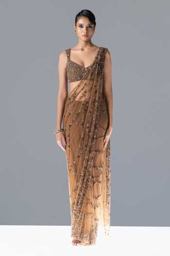 Buy_Rohit Gandhi + Rahul Khanna_Gold Tulle V-neck Mireya Pre-draped Embellished Saree With Blouse _Online_at_Aza_Fashions