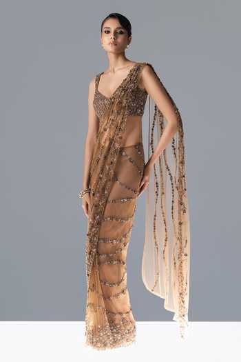 Shop_Rohit Gandhi + Rahul Khanna_Gold Tulle V-neck Mireya Pre-draped Embellished Saree With Blouse _Online_at_Aza_Fashions