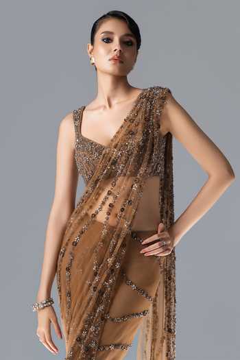 Rohit Gandhi + Rahul Khanna_Gold Tulle V-neck Mireya Pre-draped Embellished Saree With Blouse _at_Aza_Fashions