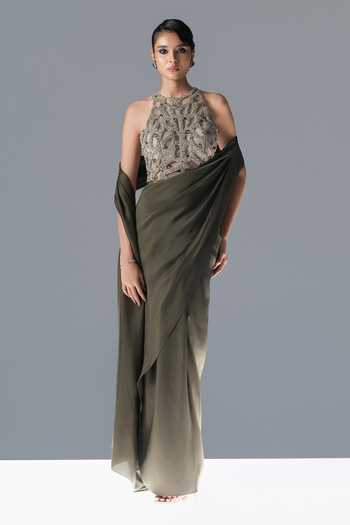 Rohit Gandhi + Rahul Khanna Olive Green Tulle Halter Neck Fern Pre-draped Saree With Embroidered Blouse Online at Aza Fashions Rohit Gandhi + Rahul Khanna_Olive Green Tulle Halter Neck Fern Pre-draped Saree With Embroidered Blouse _Online_at_Aza_Fashions