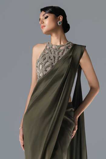 Buy Rohit Gandhi + Rahul Khanna Olive Green Tulle Halter Neck Fern Pre-draped Saree With Embroidered Blouse Online at Aza Fashions Buy_Rohit Gandhi + Rahul Khanna_Olive Green Tulle Halter Neck Fern Pre-draped Saree With Embroidered Blouse _Online_at_Aza_Fashions