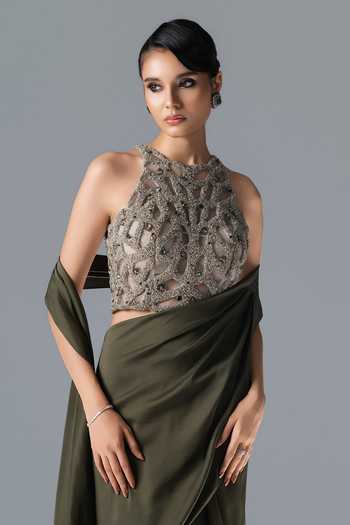 Shop Rohit Gandhi + Rahul Khanna Olive Green Tulle Halter Neck Fern Pre-draped Saree With Embroidered Blouse Online at Aza Fashions Shop_Rohit Gandhi + Rahul Khanna_Olive Green Tulle Halter Neck Fern Pre-draped Saree With Embroidered Blouse _Online_at_Aza_Fashions