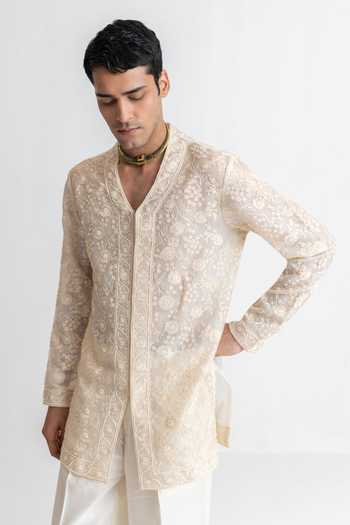 Shop_Wabi Sabi By Anshum-Ritesh_Ivory Silk, Organza Engraved Aari Embroidered Kurta Set _Online_at_Aza_Fashions