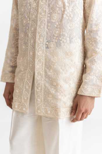 Buy_Wabi Sabi By Anshum-Ritesh_Ivory Silk, Organza Engraved Aari Embroidered Kurta Set 
