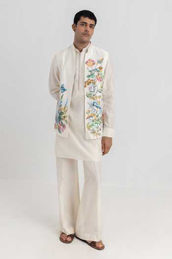 Shop_Wabi Sabi By Anshum-Ritesh_Ivory Chanderi Swan Reverie Hand Painted Bundi And Kurta Set _Online_at_Aza_Fashions