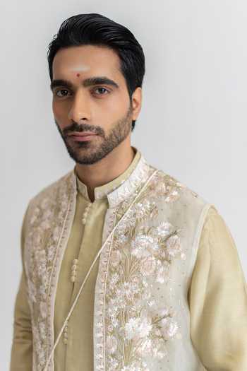 Wabi Sabi By Anshum-Ritesh Green Silk, Organza Bela Chameli Embroidered Bundi Set at Aza Fashions Wabi Sabi By Anshum-Ritesh_Green Silk, Organza Bela Chameli Embroidered Bundi Set _at_Aza_Fashions