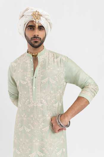 Buy_Wabi Sabi By Anshum-Ritesh_Green Chanderi Magnolia Aari Hand Embroidered Kurta Set _Online_at_Aza_Fashions
