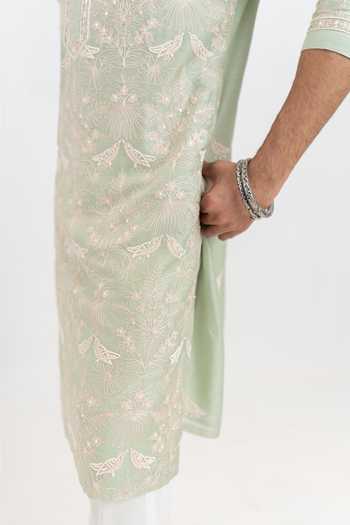Shop_Wabi Sabi By Anshum-Ritesh_Green Chanderi Magnolia Aari Hand Embroidered Kurta Set _Online_at_Aza_Fashions