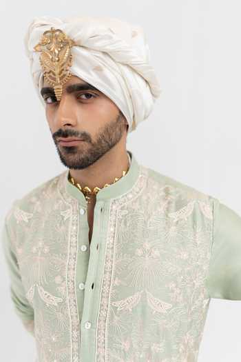 Wabi Sabi By Anshum-Ritesh_Green Chanderi Magnolia Aari Hand Embroidered Kurta Set _at_Aza_Fashions