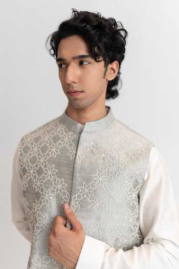 Buy_Wabi Sabi By Anshum-Ritesh_Off White Raw Silk Love Knot Hand Embroidered Bundi Set _Online_at_Aza_Fashions