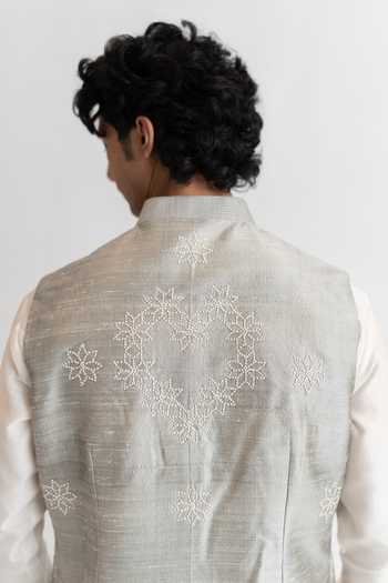 Shop_Wabi Sabi By Anshum-Ritesh_Off White Raw Silk Love Knot Hand Embroidered Bundi Set _Online_at_Aza_Fashions