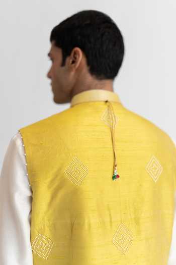 Wabi Sabi By Anshum-Ritesh_White Raw Silk Pearl Prince Hand Embroidered Bundi And Kurta Set _Online_at_Aza_Fashions