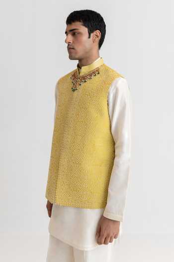 Buy_Wabi Sabi By Anshum-Ritesh_White Raw Silk Pearl Prince Hand Embroidered Bundi And Kurta Set _Online_at_Aza_Fashions