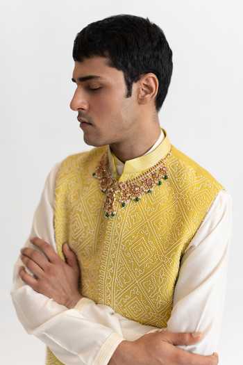 Shop_Wabi Sabi By Anshum-Ritesh_White Raw Silk Pearl Prince Hand Embroidered Bundi And Kurta Set _Online_at_Aza_Fashions