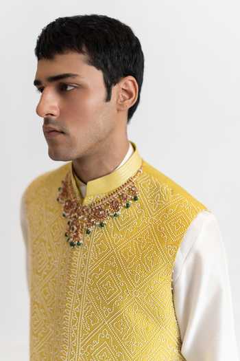 Wabi Sabi By Anshum-Ritesh_White Raw Silk Pearl Prince Hand Embroidered Bundi And Kurta Set _at_Aza_Fashions