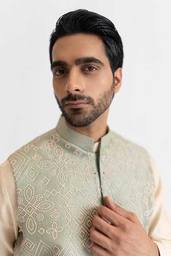 Shop_Wabi Sabi By Anshum-Ritesh_Cream Raw Silk Backwater Bloom Hand Embroidered Bundi Set _Online_at_Aza_Fashions