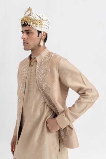 Wabi Sabi By Anshum-Ritesh_Beige Chanderi Muted Majesty Hand Embroidered Bundi Set _Online_at_Aza_Fashions