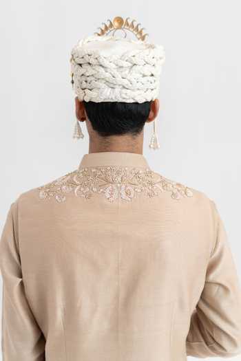 Buy_Wabi Sabi By Anshum-Ritesh_Beige Chanderi Muted Majesty Hand Embroidered Bundi Set _Online_at_Aza_Fashions