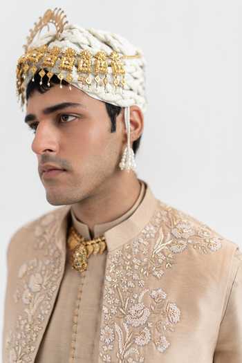 Shop_Wabi Sabi By Anshum-Ritesh_Beige Chanderi Muted Majesty Hand Embroidered Bundi Set _Online_at_Aza_Fashions