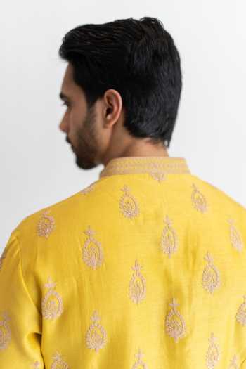 Buy_Wabi Sabi By Anshum-Ritesh_Yellow Chanderi Beli Buti Dori Embroidered Kurta And Pant Set _Online_at_Aza_Fashions