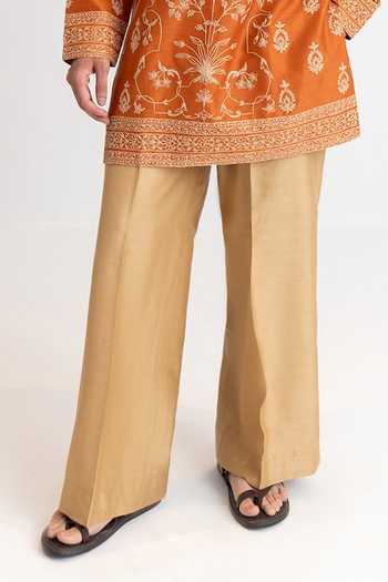 Wabi Sabi By Anshum-Ritesh_Orange Chanderi Ornate Bloom Dori Work Kurta And Pant Set _Online_at_Aza_Fashions