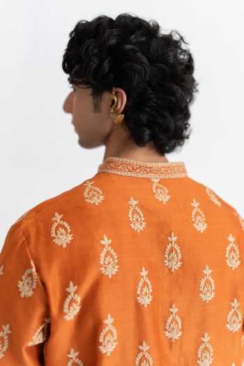 Buy_Wabi Sabi By Anshum-Ritesh_Orange Chanderi Ornate Bloom Dori Work Kurta And Pant Set _Online_at_Aza_Fashions