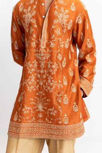 Shop_Wabi Sabi By Anshum-Ritesh_Orange Chanderi Ornate Bloom Dori Work Kurta And Pant Set _Online_at_Aza_Fashions