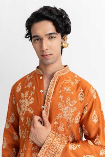 Wabi Sabi By Anshum-Ritesh_Orange Chanderi Ornate Bloom Dori Work Kurta And Pant Set _at_Aza_Fashions
