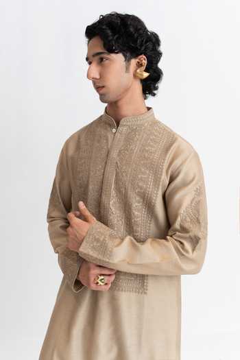 Buy_Wabi Sabi By Anshum-Ritesh_Beige Chanderi Floral Frame Dori Embroidered Kurta And Pant Set _Online_at_Aza_Fashions