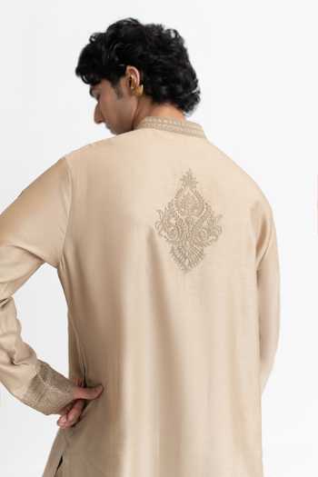 Shop_Wabi Sabi By Anshum-Ritesh_Beige Chanderi Floral Frame Dori Embroidered Kurta And Pant Set _Online_at_Aza_Fashions