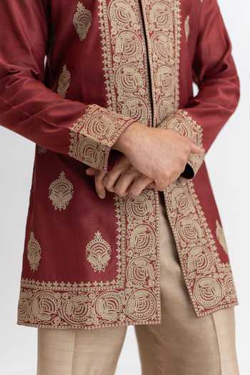 Shop Wabi Sabi By Anshum-Ritesh Maroon Chanderi Regal Regency Dori Work Kurta And Pant Set Online at Aza Fashions Shop_Wabi Sabi By Anshum-Ritesh_Maroon Chanderi Regal Regency Dori Work Kurta And Pant Set _Online_at_Aza_Fashions