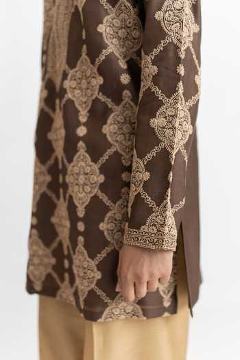 Shop_Wabi Sabi By Anshum-Ritesh_Brown Chanderi Malabar Mosaic Dori Work Kurta Set _Online_at_Aza_Fashions
