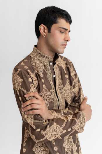 Wabi Sabi By Anshum-Ritesh_Brown Chanderi Malabar Mosaic Dori Work Kurta Set _at_Aza_Fashions