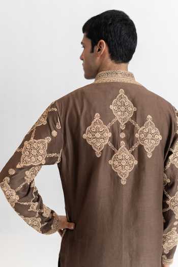 Buy_Wabi Sabi By Anshum-Ritesh_Brown Chanderi Malabar Mosaic Dori Work Kurta Set 