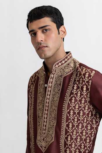 Buy_Wabi Sabi By Anshum-Ritesh_Wine Chanderi Royal Court Embroidered Kurta And Pant Set _Online_at_Aza_Fashions
