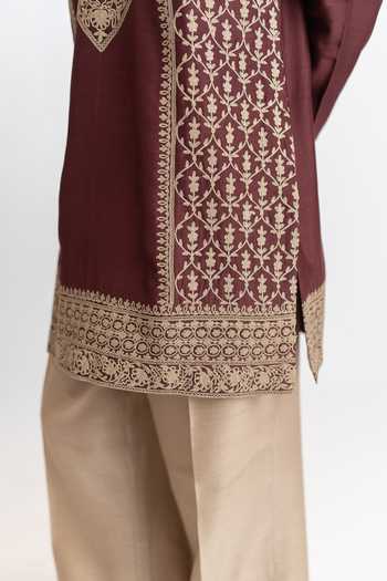 Shop_Wabi Sabi By Anshum-Ritesh_Wine Chanderi Royal Court Embroidered Kurta And Pant Set _Online_at_Aza_Fashions