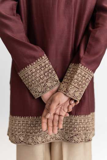 Buy_Wabi Sabi By Anshum-Ritesh_Wine Chanderi Royal Court Embroidered Kurta And Pant Set 