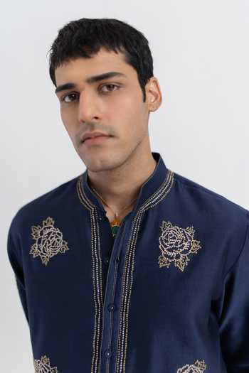 Shop_Wabi Sabi By Anshum-Ritesh_Blue Chanderi Midnight Rose Hand Embroidered Kurta Set _Online_at_Aza_Fashions
