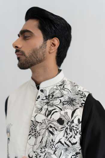 Wabi Sabi By Anshum-Ritesh_Black Chanderi Monochrome Paradise Hand Painted Bundi Set _at_Aza_Fashions