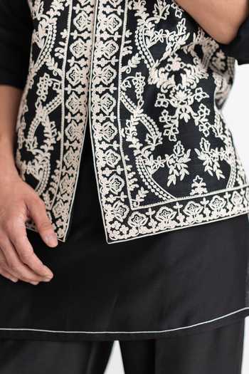 Shop_Wabi Sabi By Anshum-Ritesh_Black Raw Silk Embroidery Varkala Vine Dori Bundi Set _Online_at_Aza_Fashions