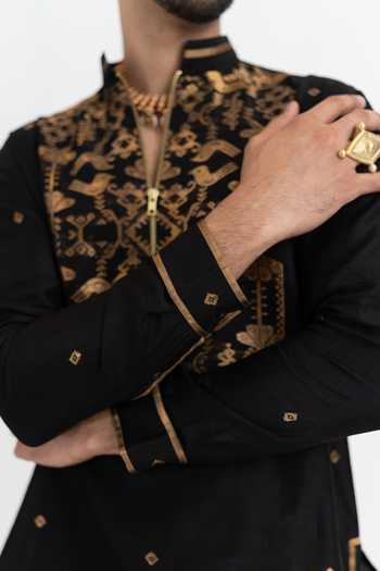 Shop Wabi Sabi By Anshum-Ritesh Black Chanderi Twin Birds Woven Kurta Set Online at Aza Fashions Shop_Wabi Sabi By Anshum-Ritesh_Black Chanderi Twin Birds Woven Kurta Set _Online_at_Aza_Fashions