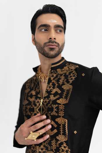Buy Wabi Sabi By Anshum-Ritesh Black Chanderi Twin Birds Woven Kurta Set Buy_Wabi Sabi By Anshum-Ritesh_Black Chanderi Twin Birds Woven Kurta Set