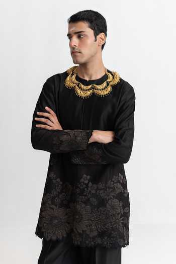 Shop_Wabi Sabi By Anshum-Ritesh_Black Chanderi Shadow Garden Applique Embroidered Kurta Set _Online_at_Aza_Fashions