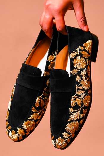 Shop_Dmodot_Black Ethnico Ricamo Oro Embroidered Loafers _Online_at_Aza_Fashions