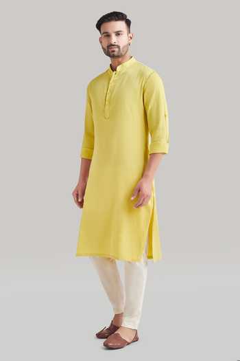 Blue Lotus Design_Yellow Cotton Kurta And Pant Set _Online_at_Aza_Fashions