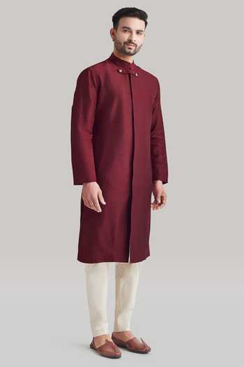 Blue Lotus Design_Maroon Cotton Kurta Set _Online_at_Aza_Fashions